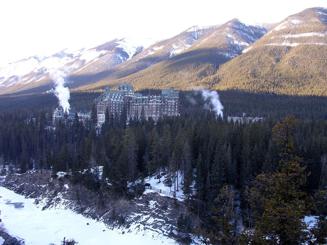 01 Banff Springs Hotel, Sulphur Mountain And Icy Bow River From Surprise Corner In Winter